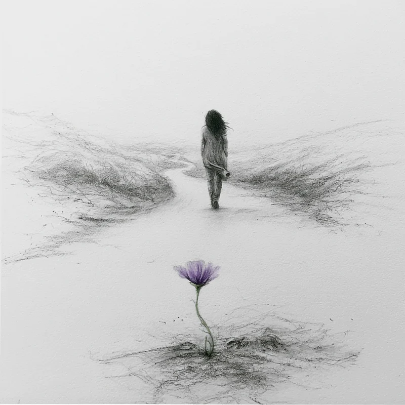 Minimal pencil figure walking into white space with a small purple flower in the foreground