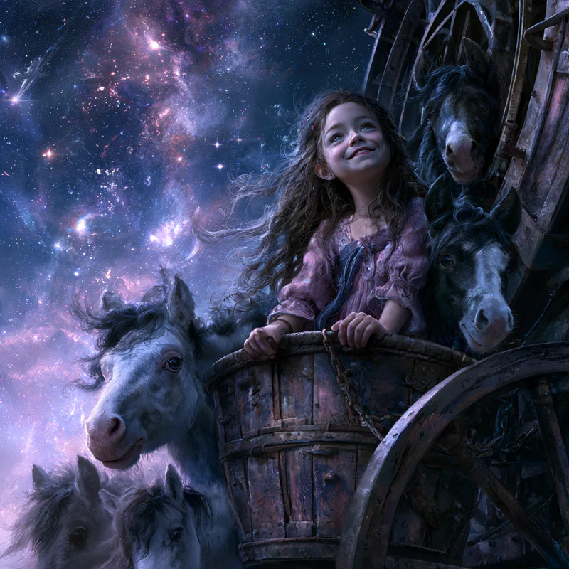 A smiling girl and a group of small ponies peer from a weathered wagon beneath a luminous purple and blue star-filled sky