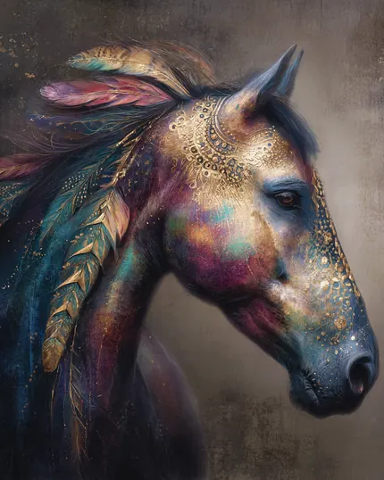 AI-painted African horse portrait with ornate colorful markings