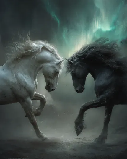 Two horses facing each other beneath an aurora-lit sky