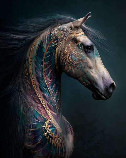 AI-painted Norwegian horse portrait with intricate teal and gold details