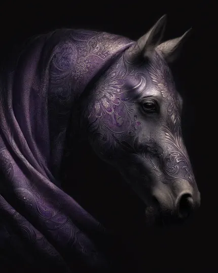 Purple silk wrapped horse portrait against a dark background